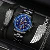 3pcs/set, Fashion Men's Sports Quartz Watch with Stainless Steel Wrist Watch & Bracelet Necklace Set, Men's Gifts