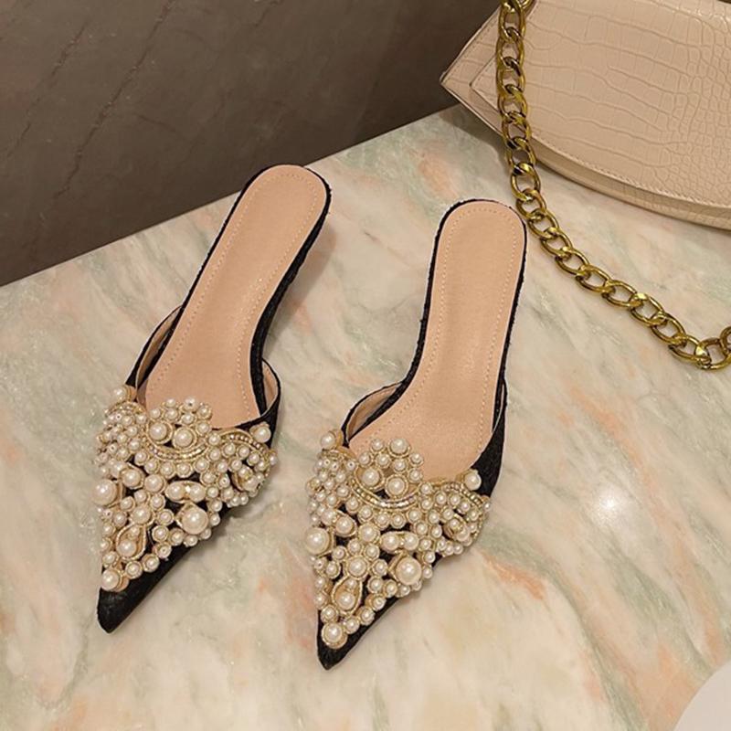 Spring and Autumn Fashion Sexy Women's Shoes Elegant Beaded Crystal Lace Patchwork One Pedal 35-42 Stiletto Slippers 2024 New