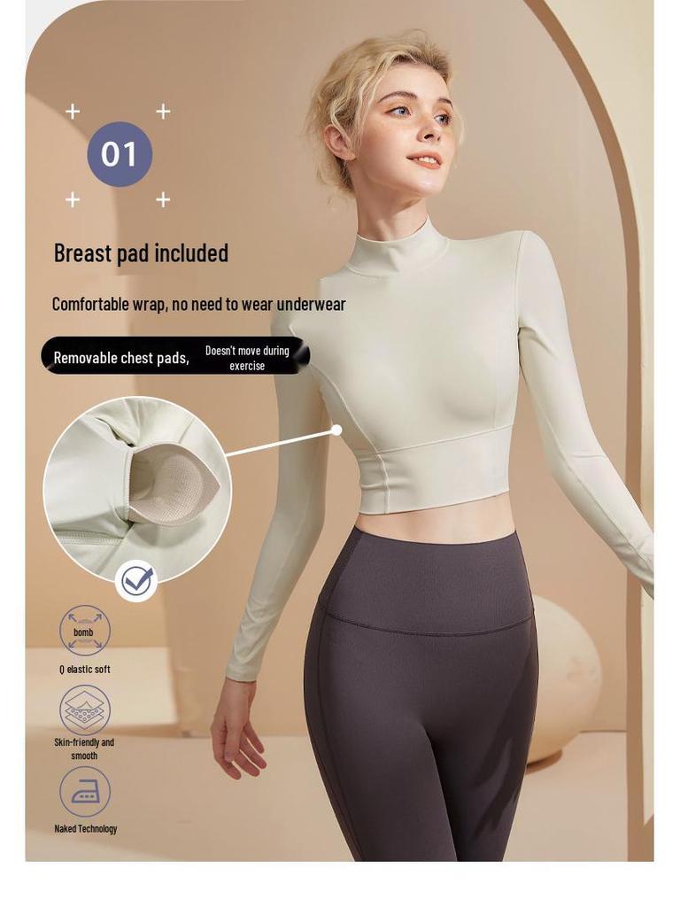 Приталенный костюм для йоги с высоким воротом и нагрудными вкладышами - женский фитнес-топ с длинным рукавом для бега и пилатеса (осень)