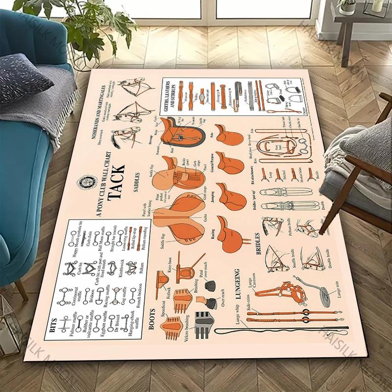 3D HD Винтажный Ковер с Лошадиной Упряжью и Аксессуарами для Гостиной, Спальни, Офисный Коврик, Ковер - Идеальный Подарок для Любителей Лошадей и Конного Спорта