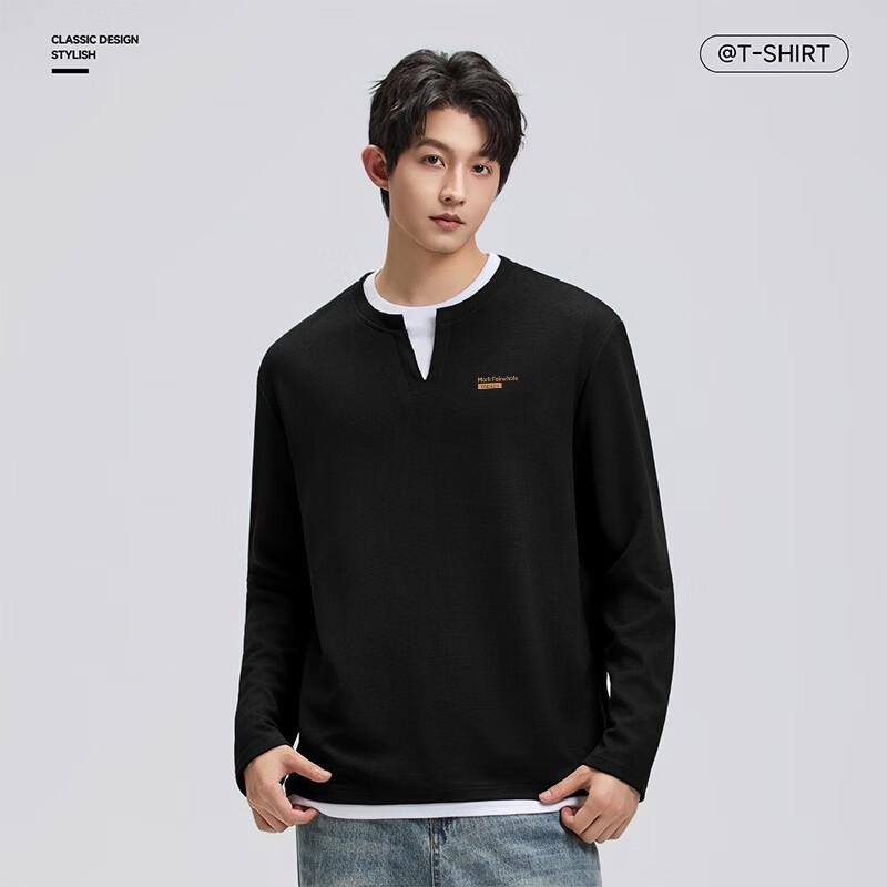 Mark Fairwhale Men's Waffle V-Neck Faux Two-Piece Long Sleeve T-Shirt