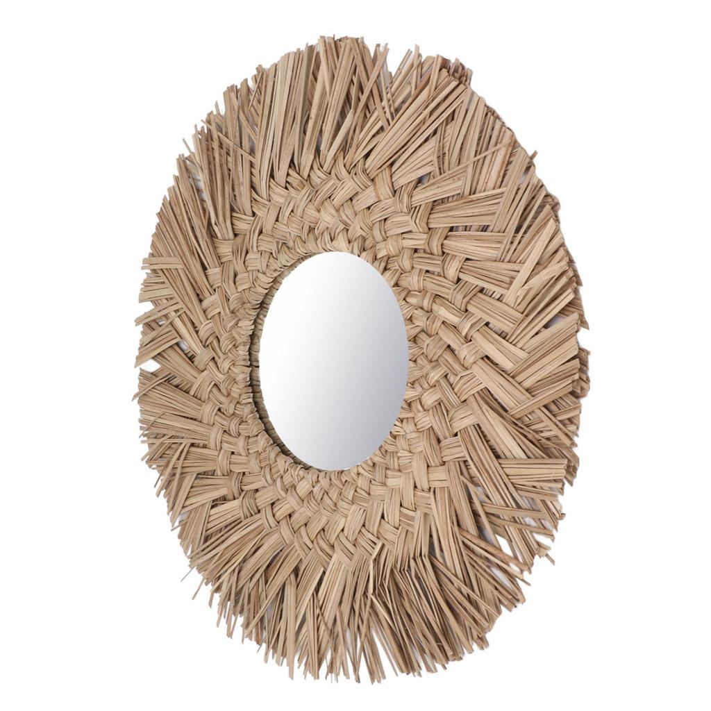 Straw Weaving Wall Mirror Retro Beautiful Woven Wall Hanging Mirror for Dorm Room Decoration Nature