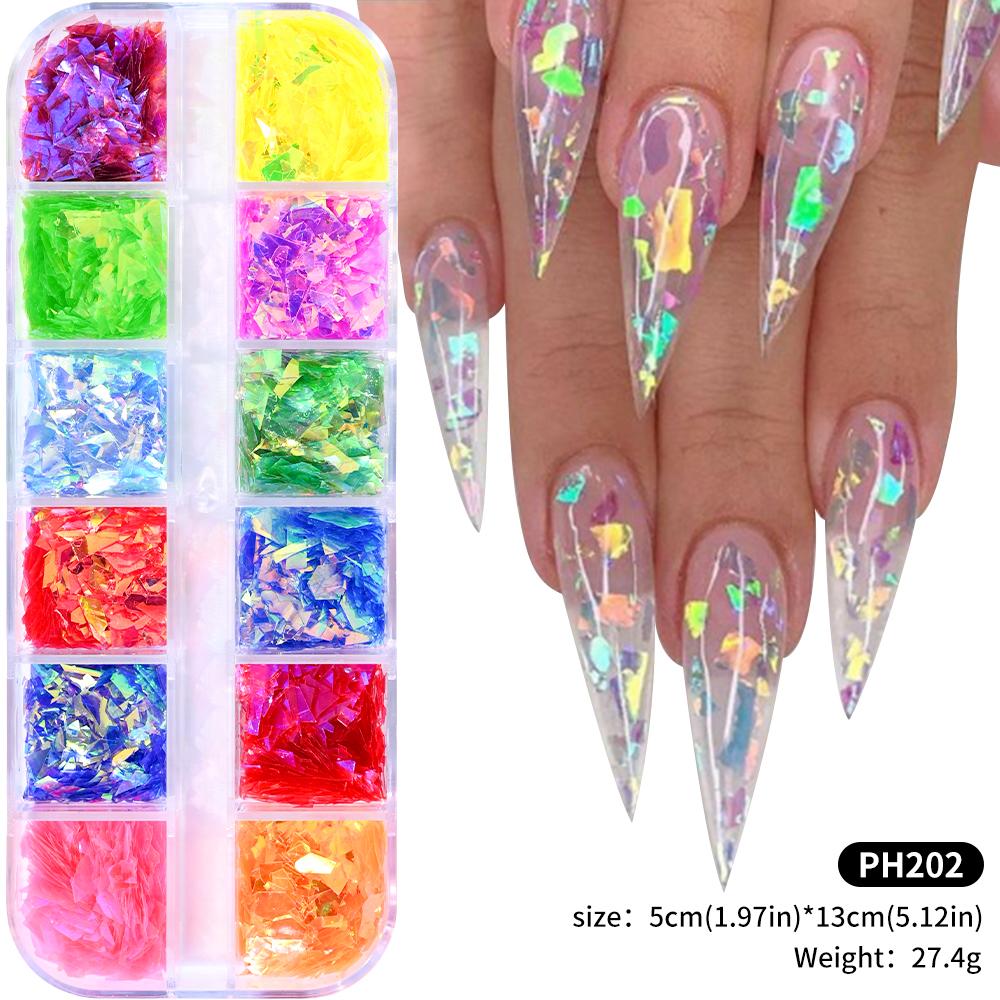 12 Grids Abalone Seashell Nail Art Slices Holographic 3D Mermaid Irregular Nail Art Glitter Flakes Manicure Sparkly Decoration T