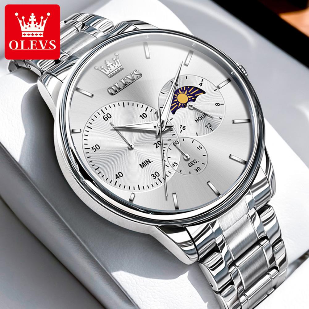 OLEVS Moon Phase Men's Watch Simple Casual Original Fashion Quartz Watch for Men Waterproof Luminous Stainleess Steel Wristwatch
