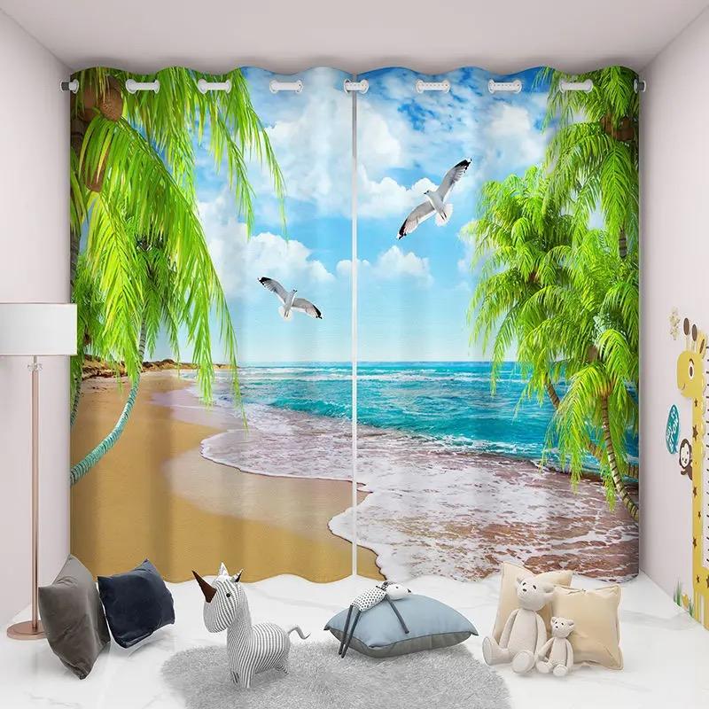 2 панели Пляж Чайки Парусник Морской пейзаж Печатные шторы Простые Современные шторы Для Гостиной Спальни Кухни Ванной Окна