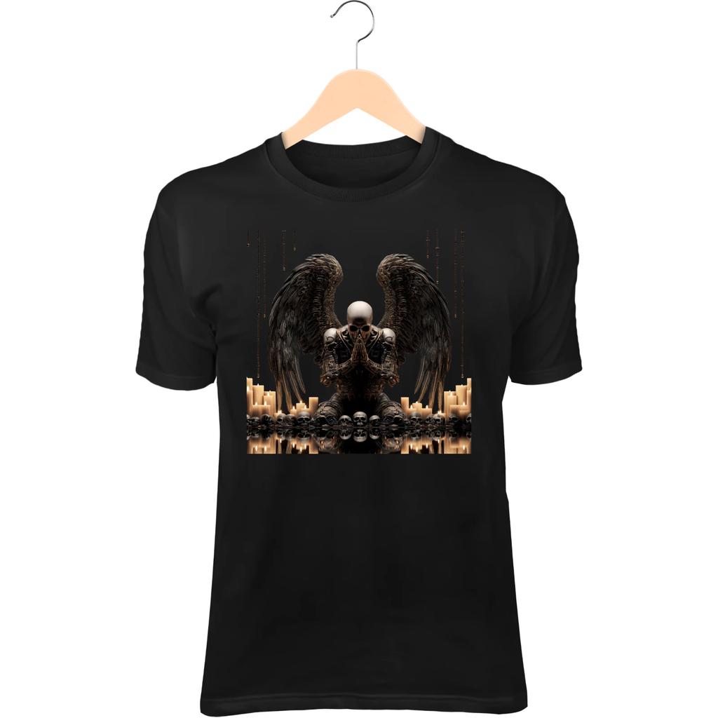 Dark Angel Skull II T-Shirt – Broken Black Wings, Kneeling on Bones