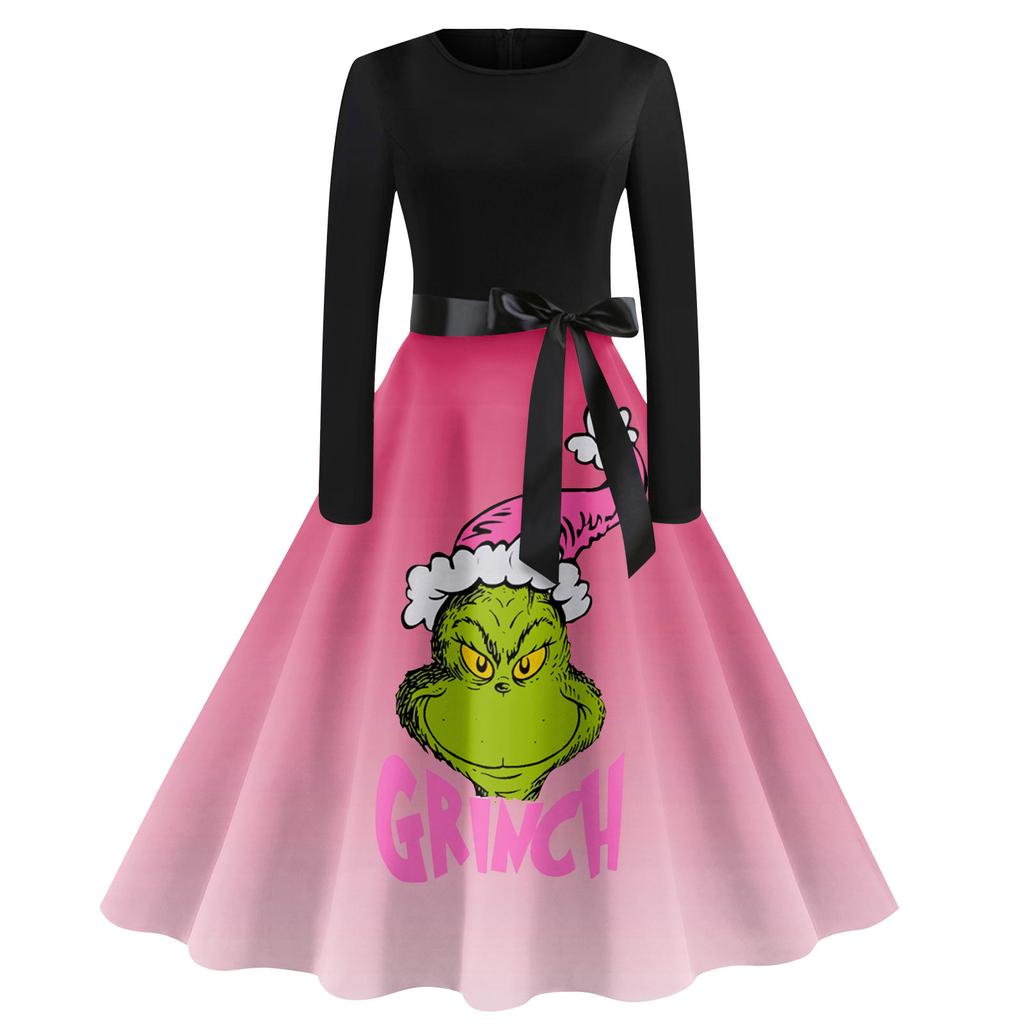 Женское винтажное классическое платье с воротником на талии и галстуком-бабочкой с длинными рукавами и рождественским принтом, с круглым вырезом, свободное платье