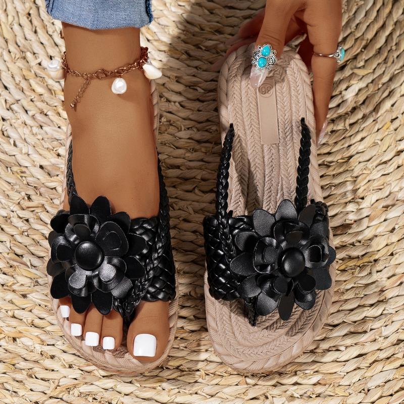 Fashion Women Flat Slippers 2024 New Summer Fashion Sandals Casual Vacation Braided Floral Pattern Toe Post Beach Slippers Slides Women