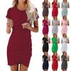 Women's 2024 Summer Casual Beach Dress Round Neck Short Sleeve Wrap Party Club Pleated Slim T Shirt Dresses