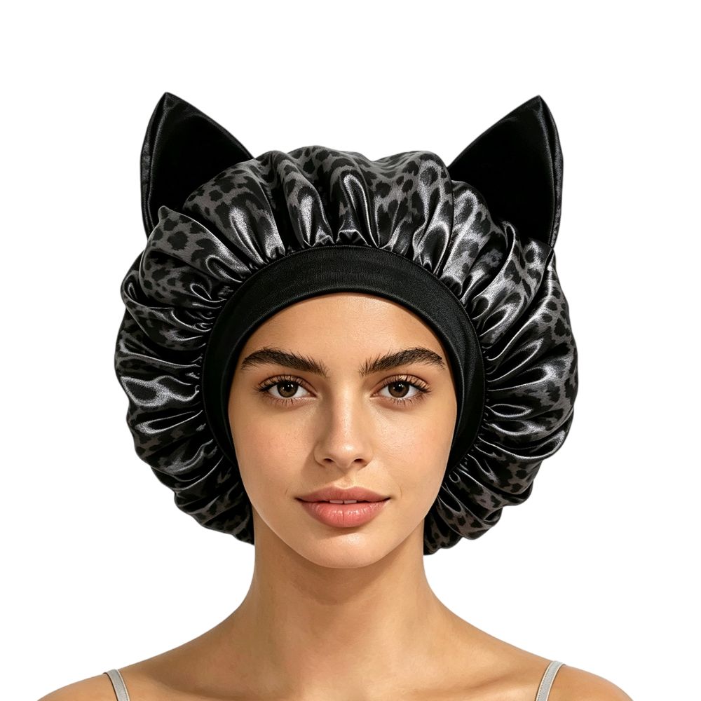 Elastic Band Cat Ear Sleep Cap Breathable Hair Protection Hat New Satin Hair Bonnet Night Sleep