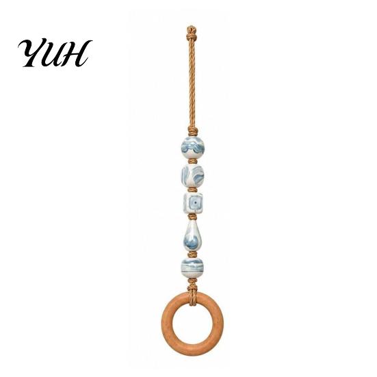 Modern Boho Home Organization Beaded Towel Hanger with Wooden Ring, Bohemian Farmhouse Hand Holder, Rustic Bathroom Wall Hardware Mounted Hemp