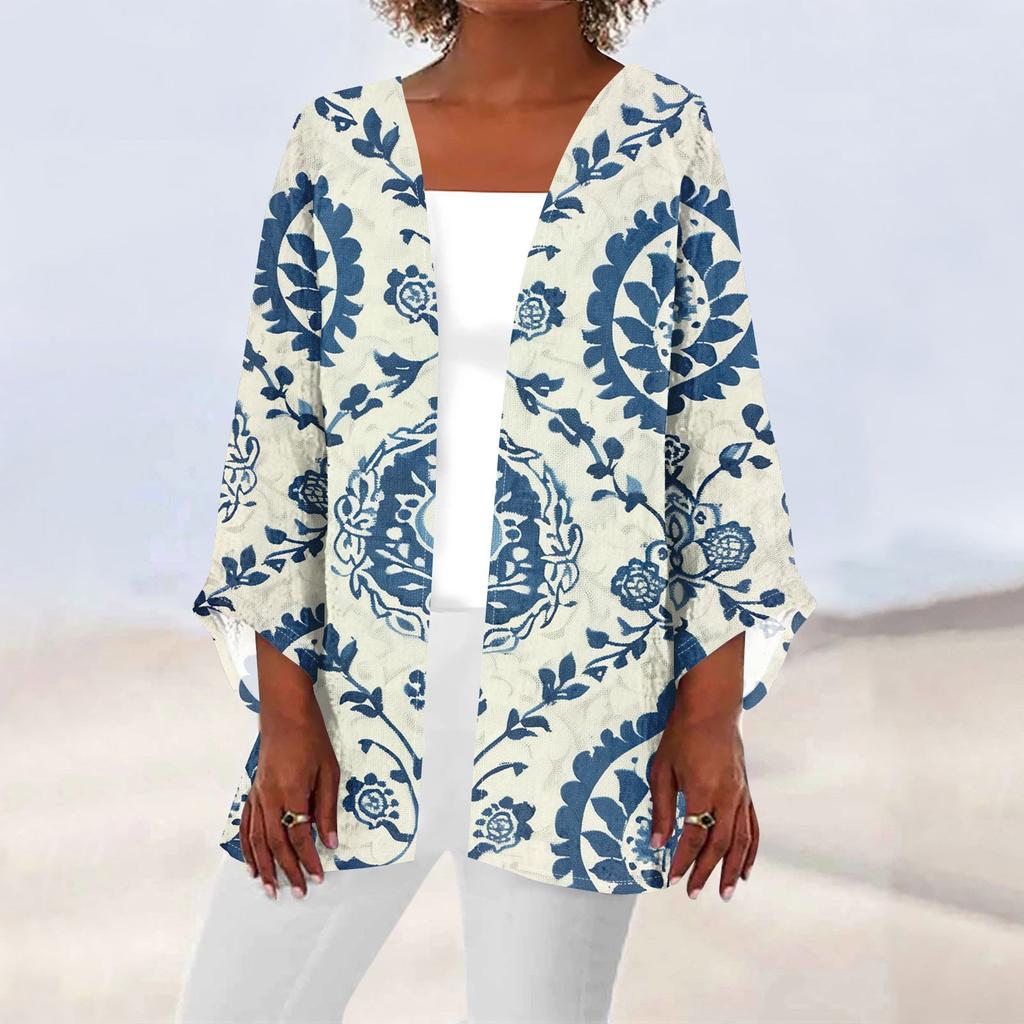 Women's Casual Fashion Caot Retro Printed Lightweight Medium Length Jacket Cardigan