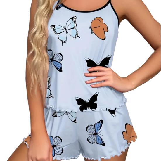 Женский топ без рукавов с круглым вырезом, 2 шт./компл., эластичный пижамный комплект с принтом сердца и ремешками, высокая талия, сборка