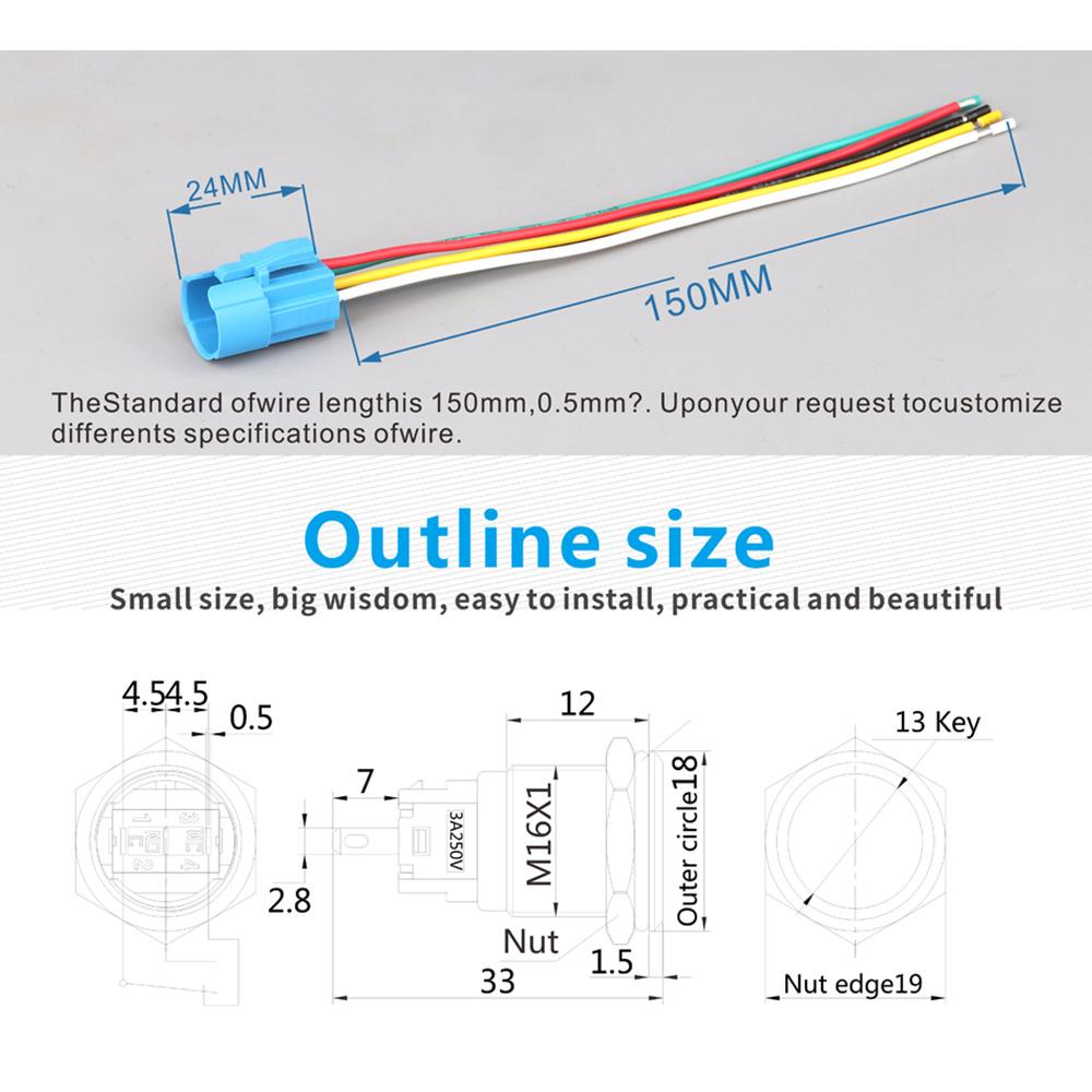 16 мм самоблокирующийся водонепроницаемый металлический кнопочный светодиодный переключатель многоцветный красный синий зеленый желтый