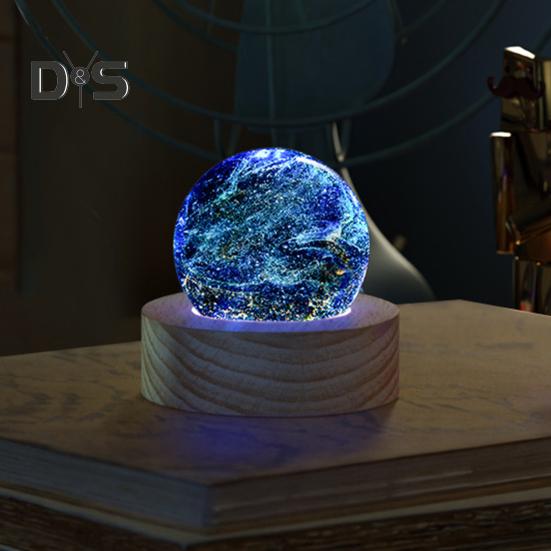 Faux Crystal Glass Balls USB Powered LED Chakra Ball with Wooden Base Ice Cracked Spheres Night Light for Meditation Home Table Decor