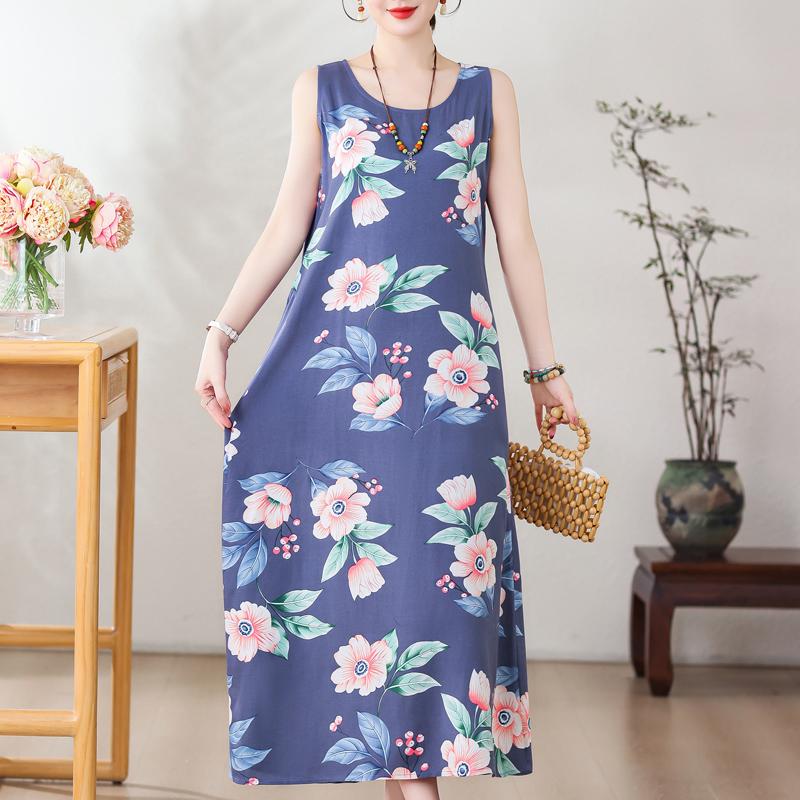 Летнее длинное платье, свободная летняя одежда для женщин, платья больших размеров, женское платье без рукавов с круглым вырезом XL-5XL
