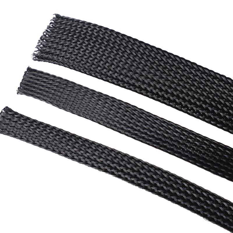 Black Flame Retardant Braided Nylon Mesh Tube - Expandable PET Shock-Absorbing Wire Sleeve