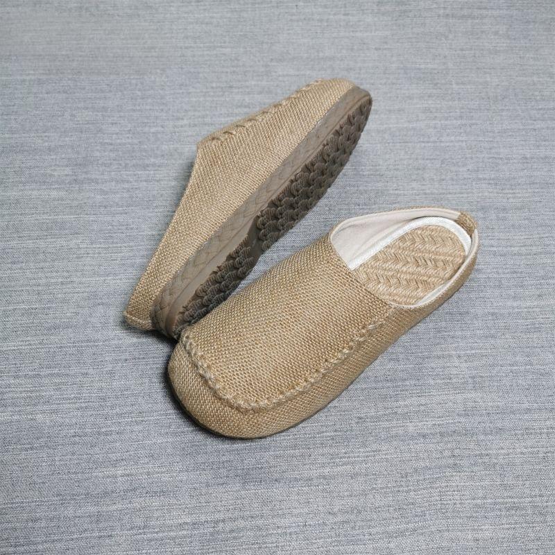 Мужские летние дышащие однотонные полускользящие тапочки из соломы и льна с закрытым носком, с круглым носком, на плоской подошве, домашняя обувь