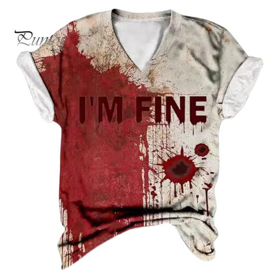 Женская футболка с V-образным вырезом и коротким рукавом, футболка с принтом крови на Хэллоуин, тонкая эластичная, для косплея, фестивалей, пуловеры, топы