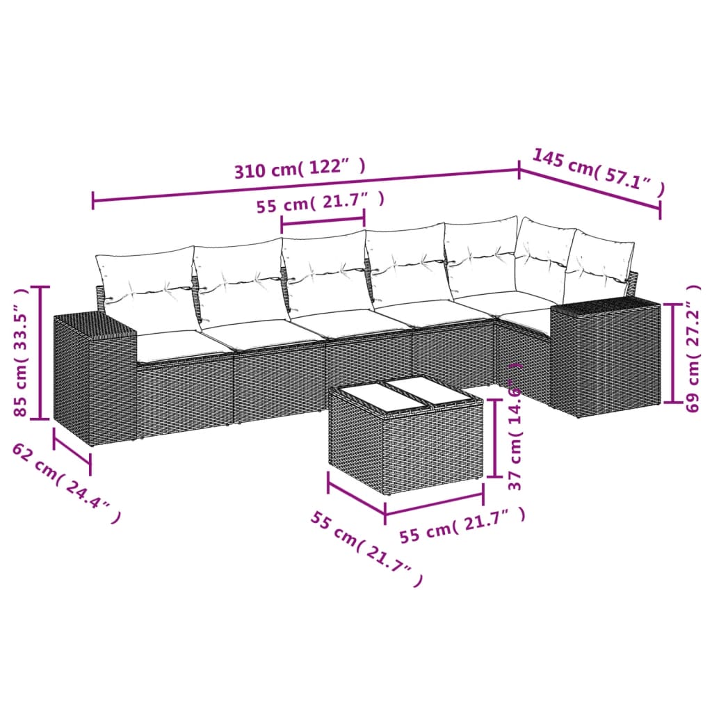 7 Piece Garden Sofa Set with Cushions Brown Poly Rattan