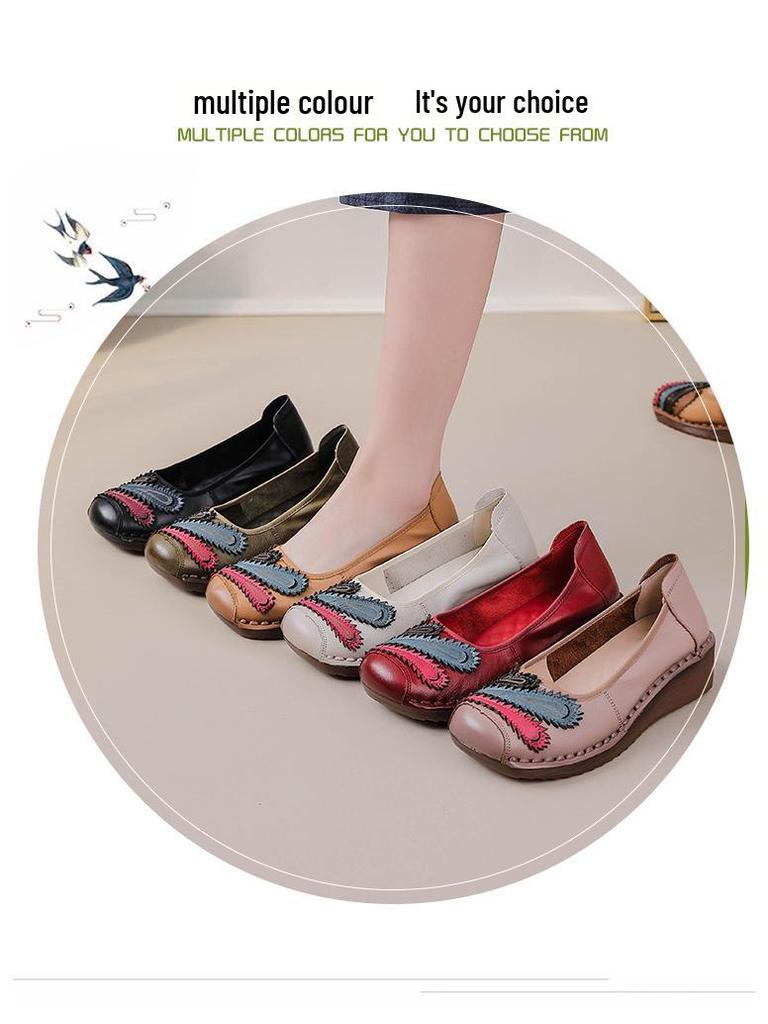 Women's Genuine Leather Non-Slip Ethnic Style Slip-On Shoes - Breathable Soft Sole