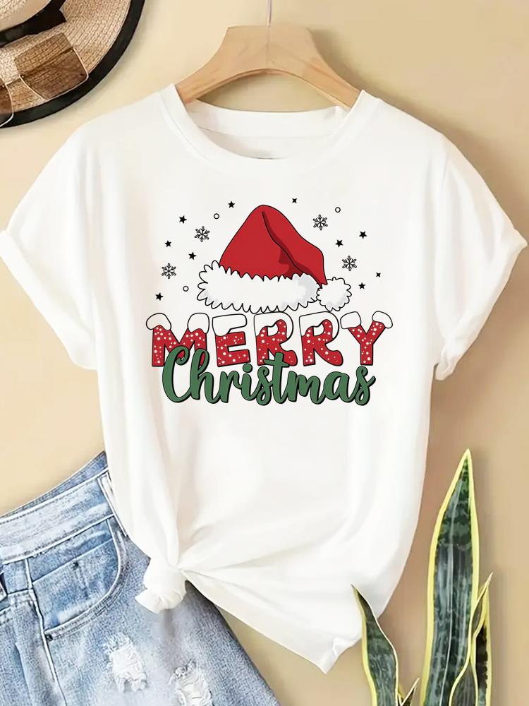 (Asian Size) New Year T Clothing Short Sleeve T-shirts Print Merry Christmas Letter 90s Trend Cute O-neck Women's Top Fashion Holiday Graphic Tee