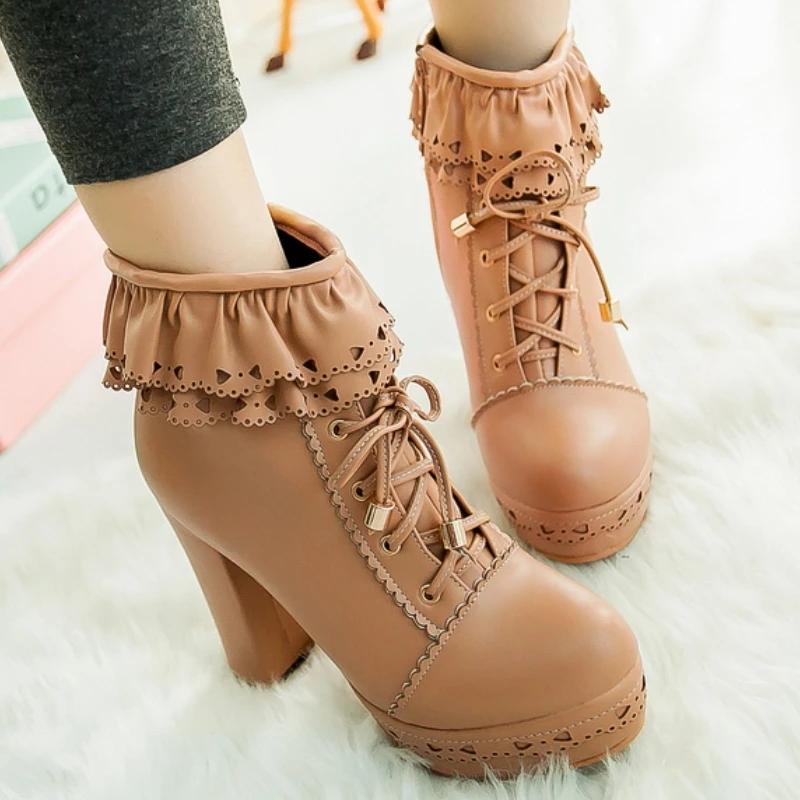 Осенне-зимние женские ботильоны на платформе, белые, черные, розовые, милые короткие ботинки, на шнуровке, туфли в стиле Лолиты для девочек, большой размер 45