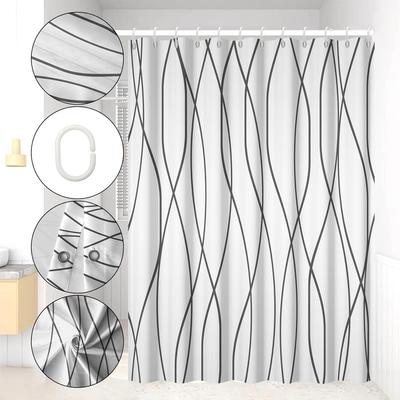 Renaiss 72x72 дюйма Черно-белая полосатая шторка для душа для ванной комнаты Абстрактная черная волнистая линия Занавеска для ванны Современная минималистичная тканевая шторка для душа