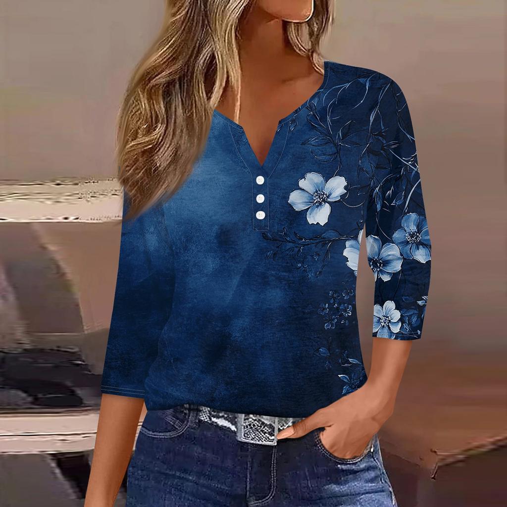 Women's Fashion Casual Floral Print V-Neck Decorative Button Three-quarter Sleeve T-Shirt Top