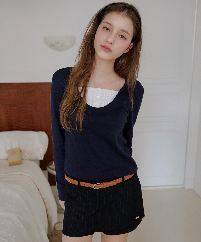 Letter From Moon Striped Layered Skirt Pants (Black)