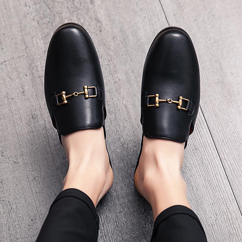 Men Leather Casual Shoes Summer Men Dress Shoes Half Slippers High Quality Simplicity Black Loafers Men Mules Lightweight Flats