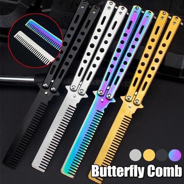 1pc Foldable Comb Stainless Steel Practice Training Butterfly Knife Comb Beard & Moustache Brushes Hairdressing Styling Tool