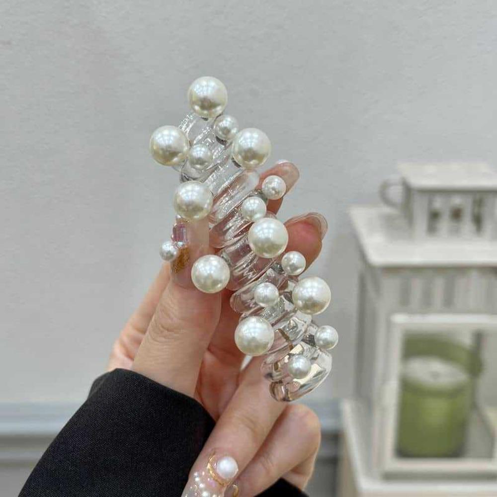 Pearl Spiral Rubber Band Telephone Wire Phone Cord Hair Tie Fashion Elastic Hair Band  Women