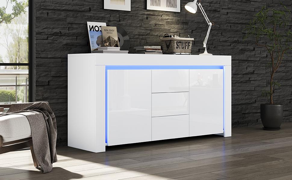 140*40*65cm Living Room Cabinet, Modern Chest of Drawers with 3 Drawers, 2 Doors, High Gloss Cabinet with LED Light Strip, Sideboard, White