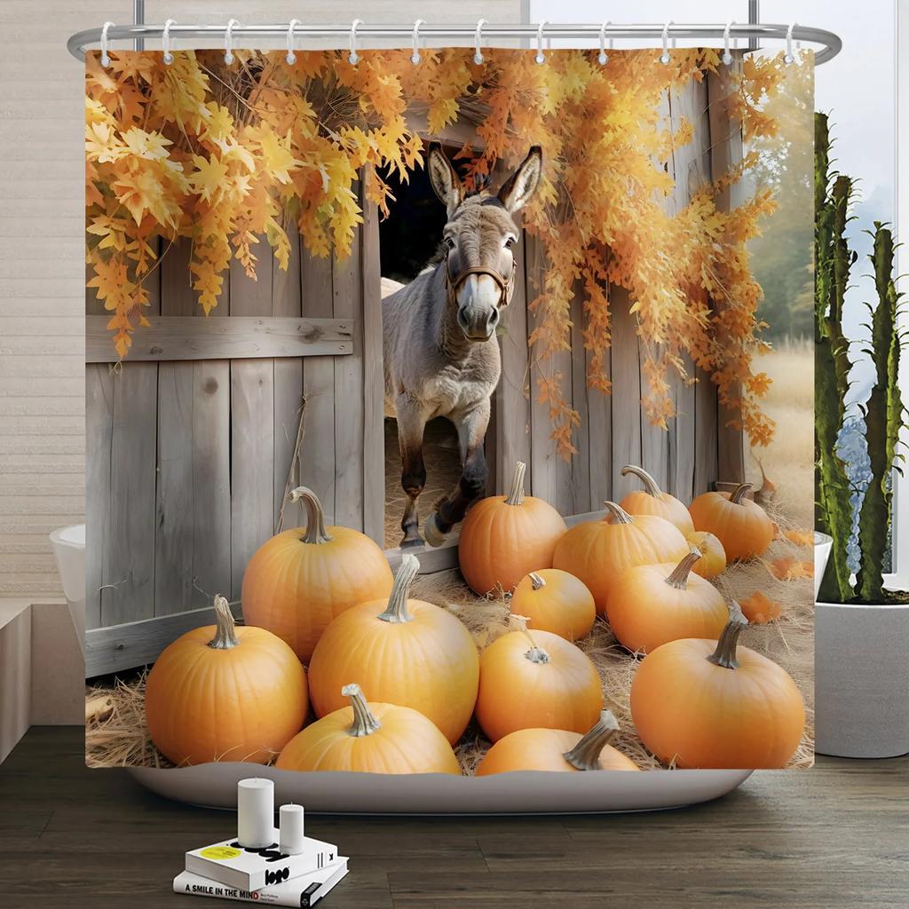 Autumn Forest Maple Shower Curtain Natural Jungle Leaves Pumpkin Fall Bathroom Shower Curtain Waterproof Shower Curtain Decor
