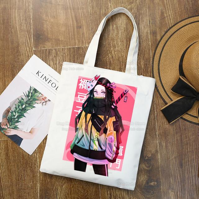 Tanjiro Nezuko Demon Slayer Холст Сумка Harajuku Женский Kimetsu No Yaiba Сумка для покупок Колледж Оригинальная сумка через плечо Ежедневное использование