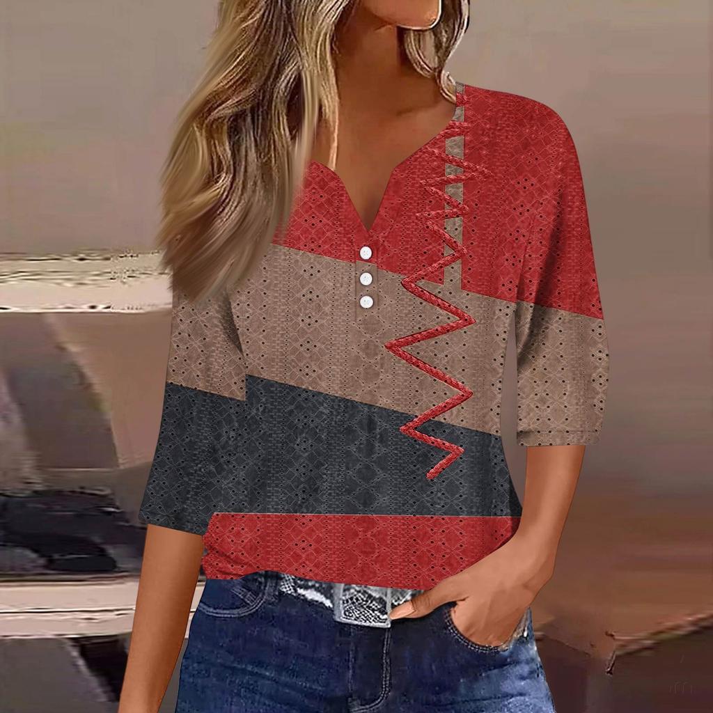 Women's Fashion V-Neck Button Seven Sleeve T-Shirt Casual Geometric Splicing Printed Top