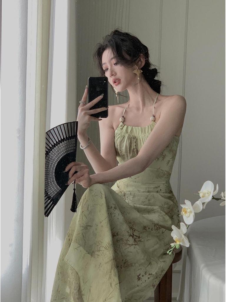 Летнее платье-майка халтер 2024: Женское элегантное длинное платье с вырезами на талии