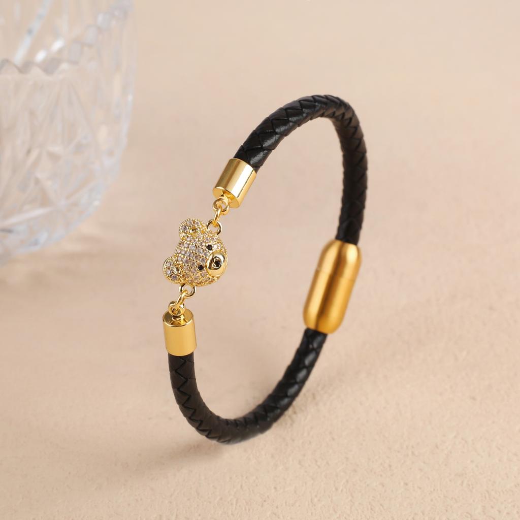 6 Цветов Милый Циркониевый Животный Медведь Кожаный Плетеный Браслет Классический для Мужчины Женщины Вечеринки Повседневная Носка Ювелирные Изделия из Нержавеющей Стали Подарок