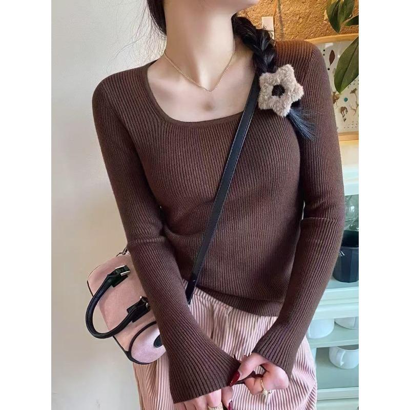 Модный женский однотонный свитер с квадратным вырезом, осенне-зимний, с длинным рукавом, внутренний топ, облегающий, низ, вязаные свитера, повседневный пуловер