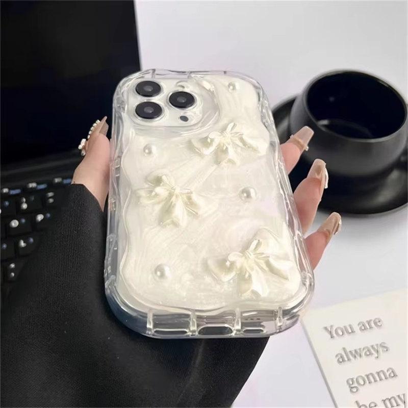 Cute Korean 3D Bow Pearl Phone Case For iPhone 15 14 13 12 11 Pro Max 14 Plus XS XR XS Max Shockproof Soft Cover