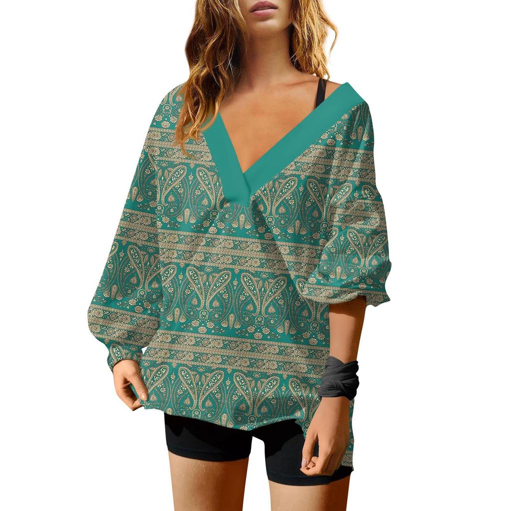 Женская мода V-образный вырез длинный рукав принтованный свободный пуловер свитшот топ