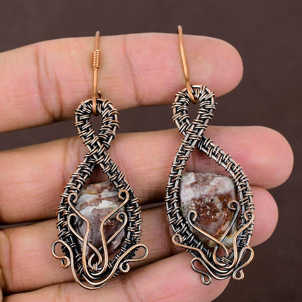 Natural Crazy Lace Agate Gemstone Handmade Copper Wire Wrap Earring 2.76 z5Q22