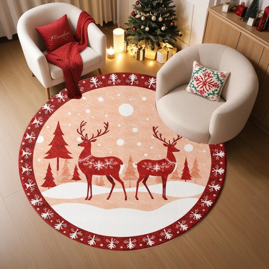 New Christmas Holiday Decoration Round Carpet Tree Atmosphere in Stock Entrance Rugs Stain-resistant Washable Festive Foot mats