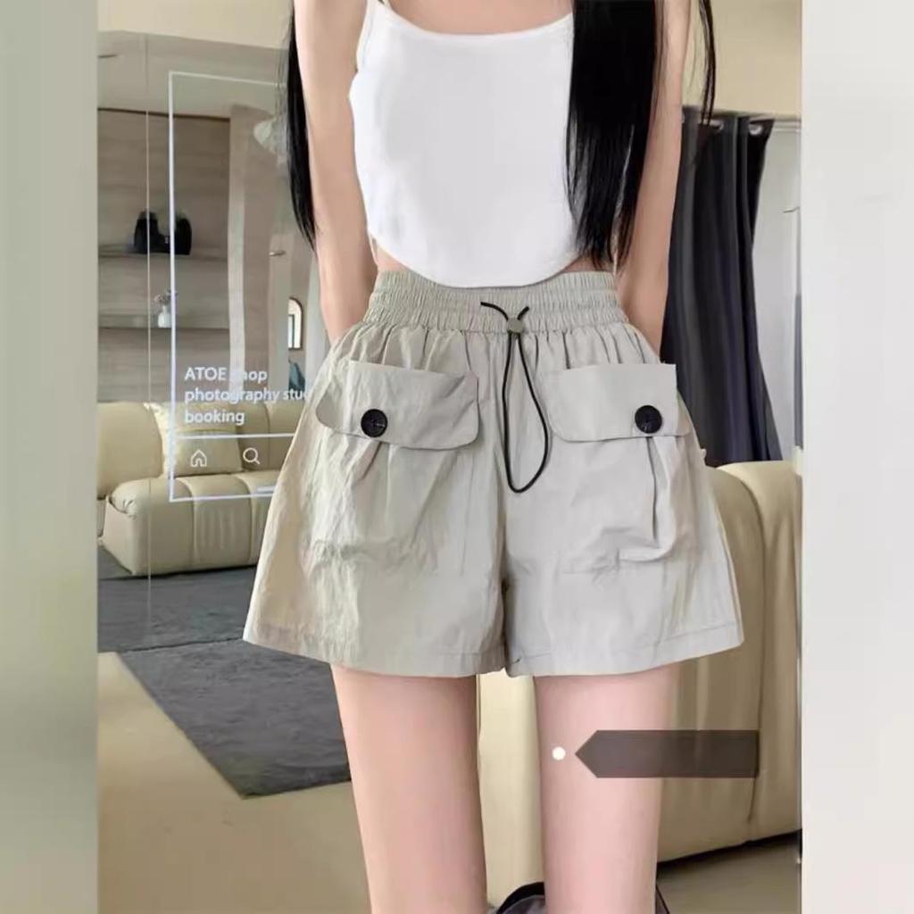 Summer 2024 Women's Gray High-Waisted Wide-Leg Casual Shorts with Double Pockets and Drawstring