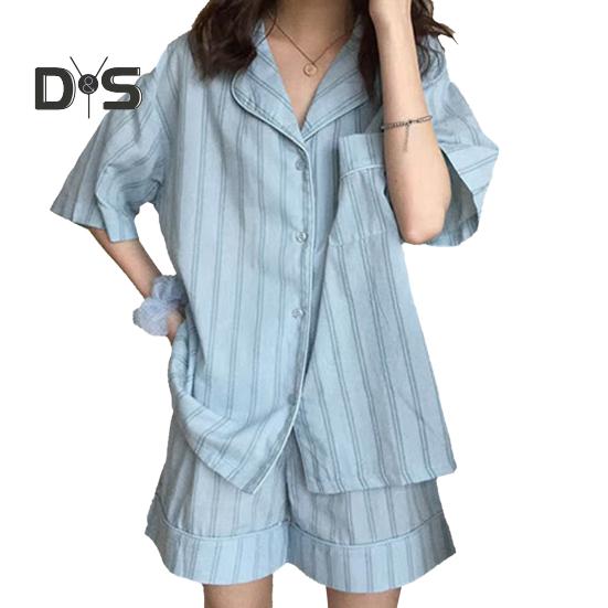 Женский пижамный комплект из 2 шт./компл., контрастный цветной полосатый принт с лацканами, с коротким рукавом, эластичная талия, свободная широкая домашняя одежда, одежда для сна, блузка, шорты, комплект