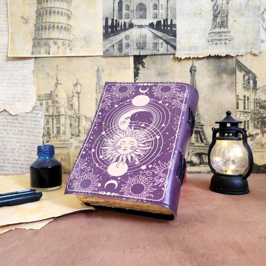Vintage Sun Moon Leather Journal Handmade 200 Deckle Edge Pages C-Lock