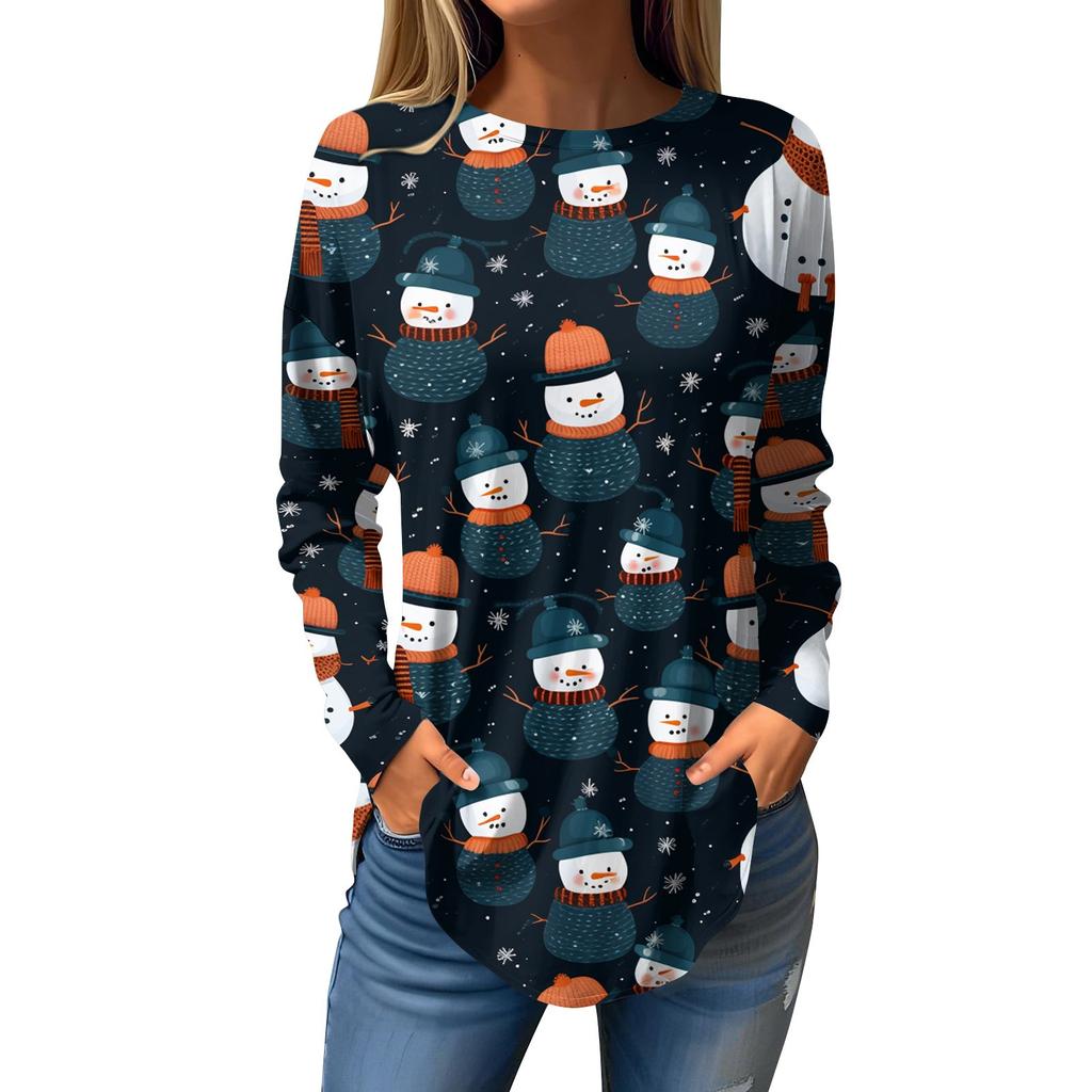 Женская свободная футболка с круглым вырезом и рождественским принтом, длинный рукав, пуловер, толстовка с длинными рукавами
