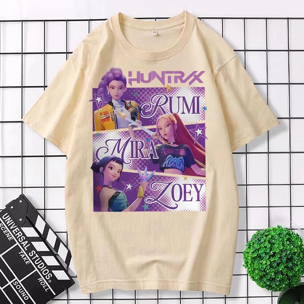 Модная K-pop футболка Охотники на демонов Huntrix Girl Rumi Zoey Mira Графическая футболка Мужская Женская 100% Хлопок Корейская уличная одежда Топ