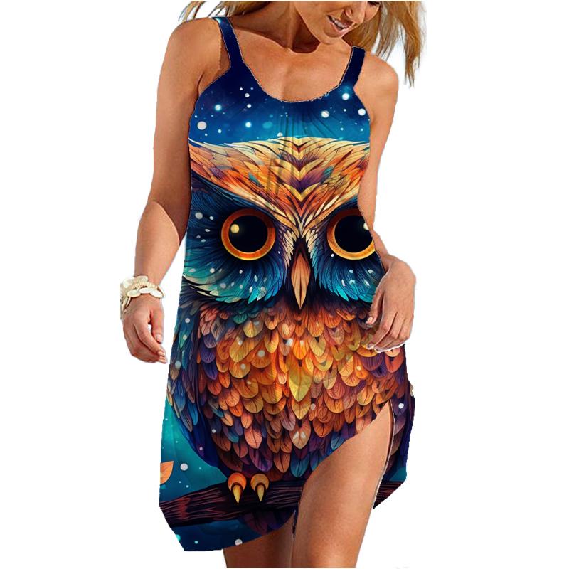 Летнее Новое Пляжное Платье с 3D Принтом Совы, Гавайское Сексуальное Платье с Рукавами на Плечах, Летнее Платье Traf, Платье с Цветами для Женщин